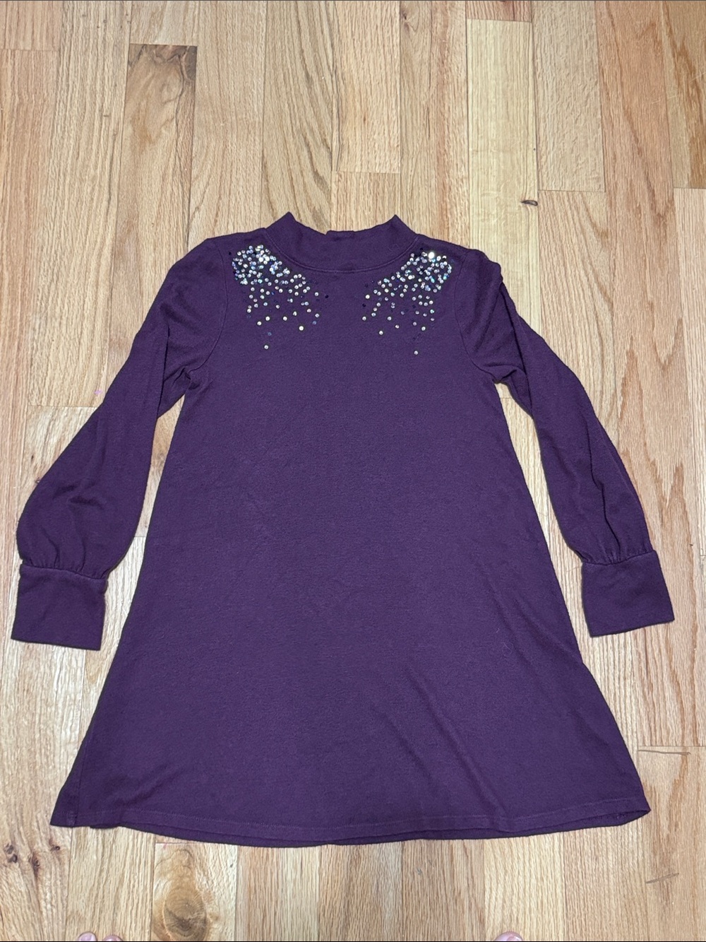 SO Girls' burgundy  Long-Sleeve Dress with Embellished Neckline